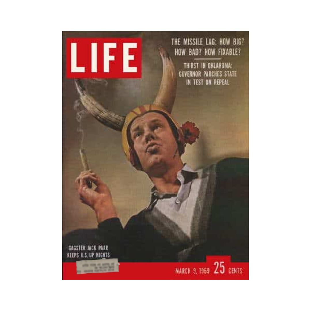 Cover of Life Magazine from March 9, 1959 featuring Jack Paar, showcasing a whimsical portrait of him with a horned hat and cigar, illustrating the cultural dynamics of the late 1950s.