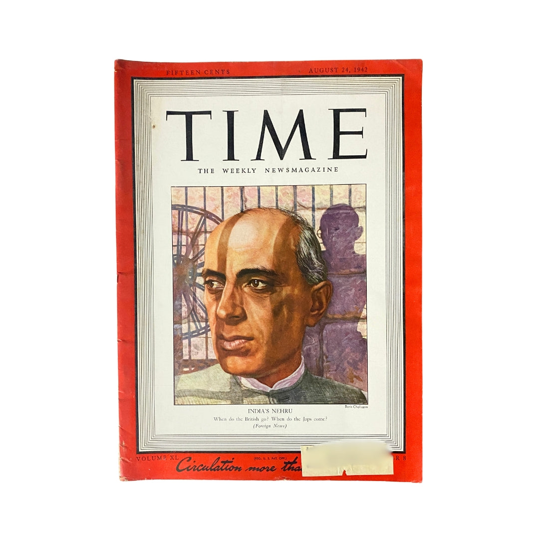 VTG Time Magazine August 24, 1942 India's Jawaharlal Nehru