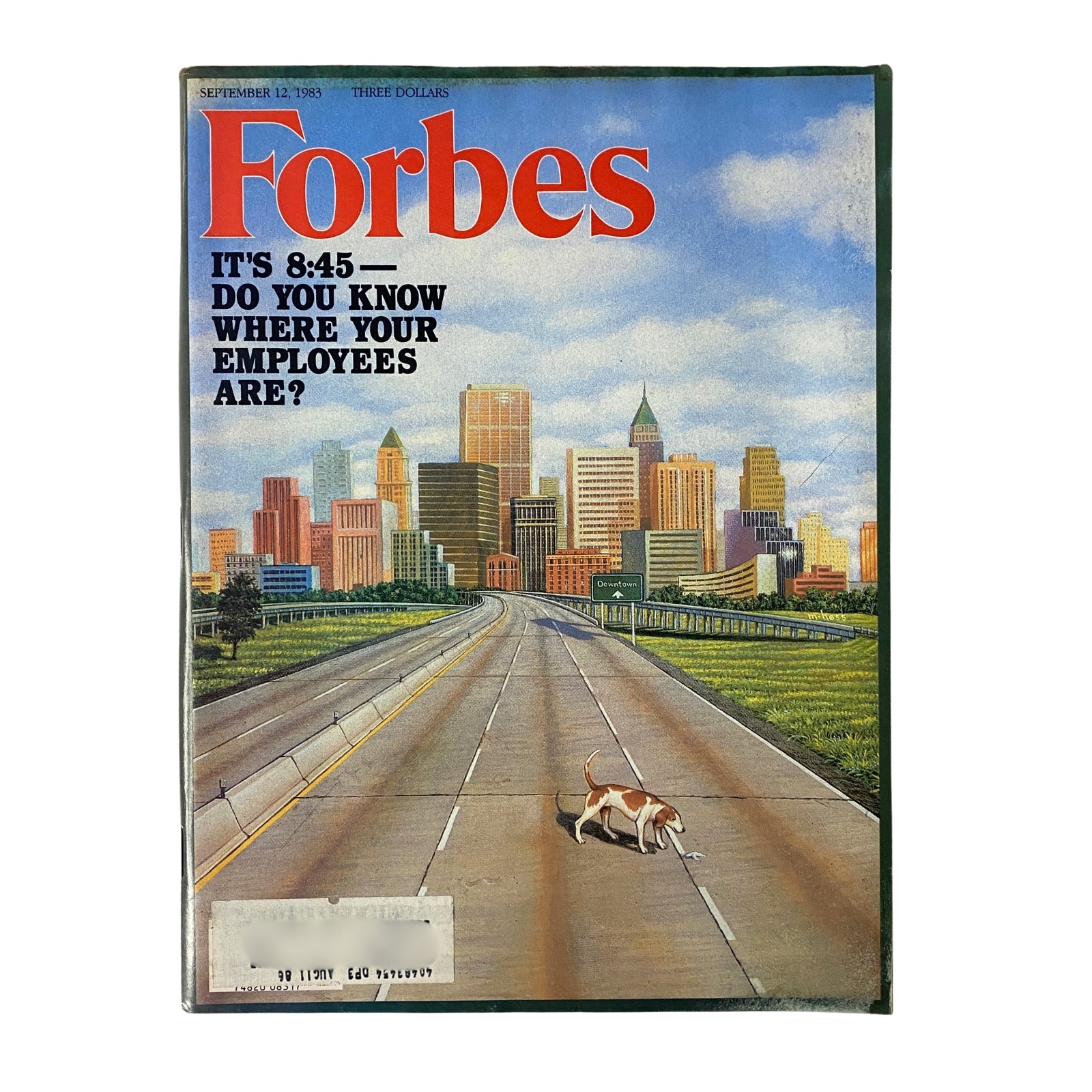 Forbes Magazine cover from September 12, 1983 featuring the title 'Do You Know Where Your Employees Are?' with a city skyline and a dog on an empty road.