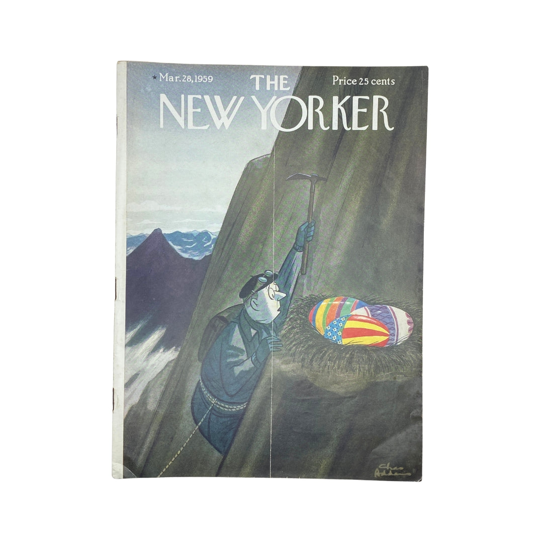The New Yorker Complete Magazine March 28, 1959 featuring a whimsical cover illustration by Chas Addams, depicting a mountaineer reaching for a colorful nest of eggs on a rocky cliff.