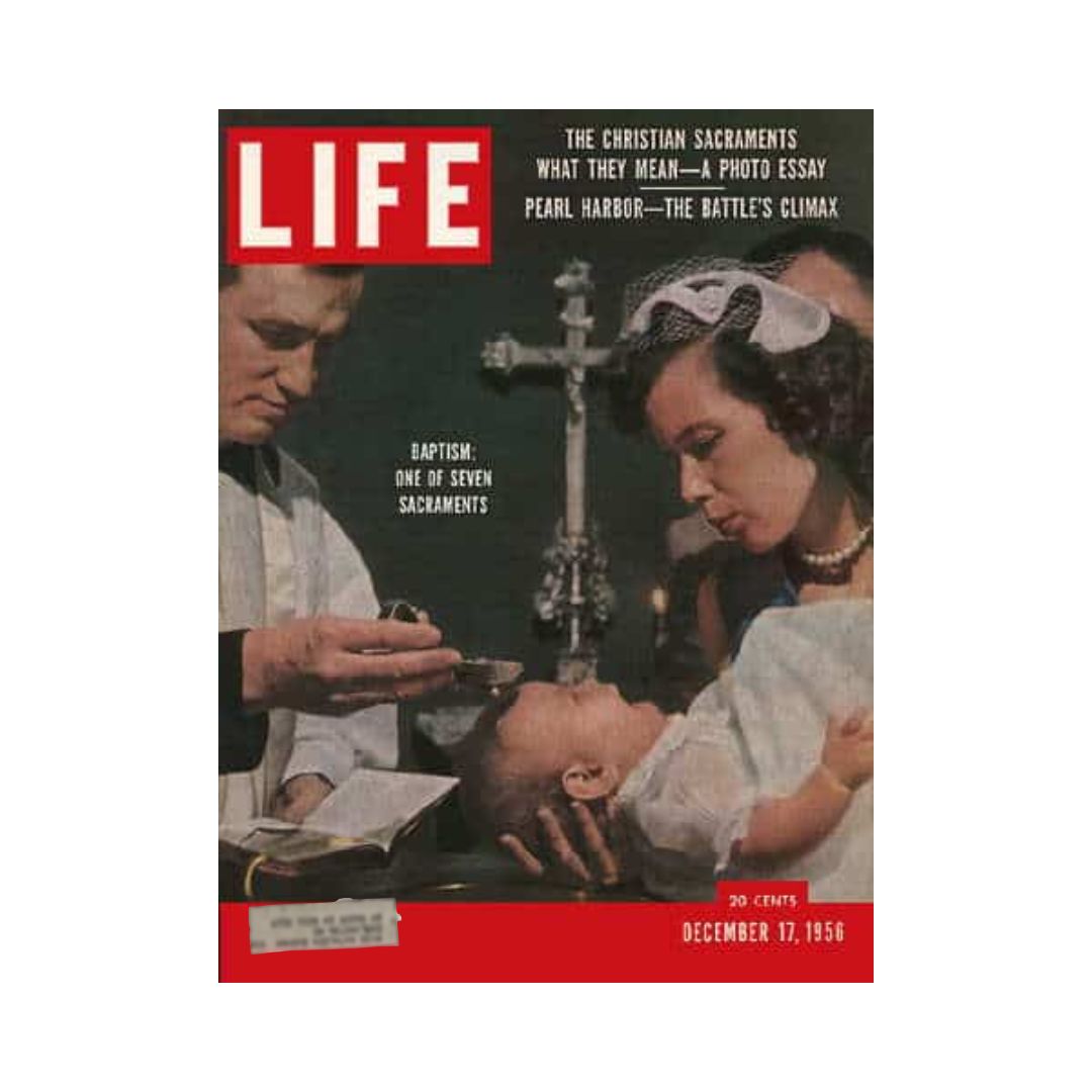 VTG Life Magazine December 17, 1956 cover featuring a baptism ceremony, highlighting the theme of sacraments in religion, with illustrations of a priest performing the baptism and a mother holding her baby.