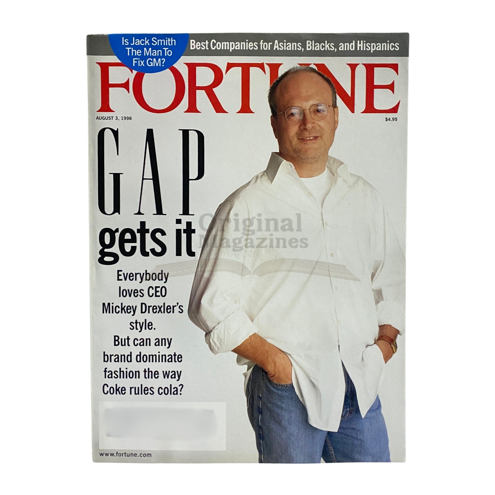 Cover of Fortune Magazine, August 3, 1998, featuring GAP CEO Mickey Drexler with the headline 'GAP gets it'. A vintage magazine highlighting the rise of GAP as a global brand, discussing the influence of Mickey Drexler and the retail fashion landscape.