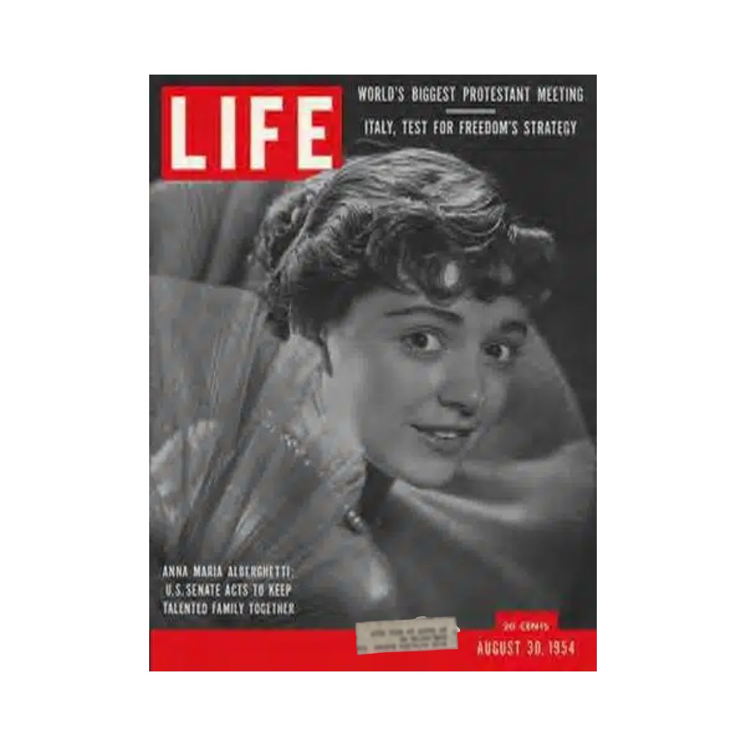 Cover of VTG Life Magazine August 30, 1954 featuring Anna Maria Alberghetti, showcasing mid-20th century pop culture and entertainment.