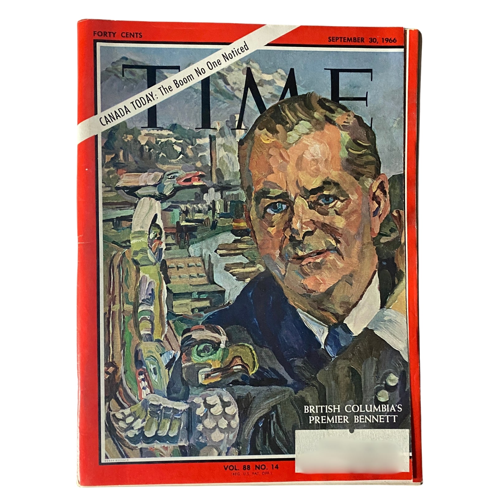Cover of Time Magazine dated September 30, 1966, featuring British Columbia's Premier William Andrew C. Bennett with a backdrop of the province's scenery.