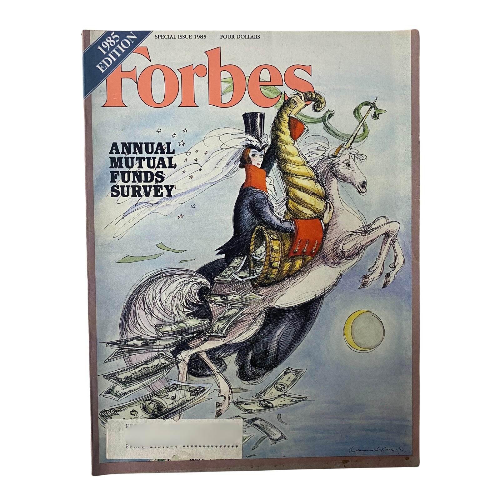 Cover of Forbes Magazine September 16, 1985, featuring the Annual Mutual Funds Survey, illustrated with a whimsical depiction of a figure riding a unicorn surrounded by dollar bills.