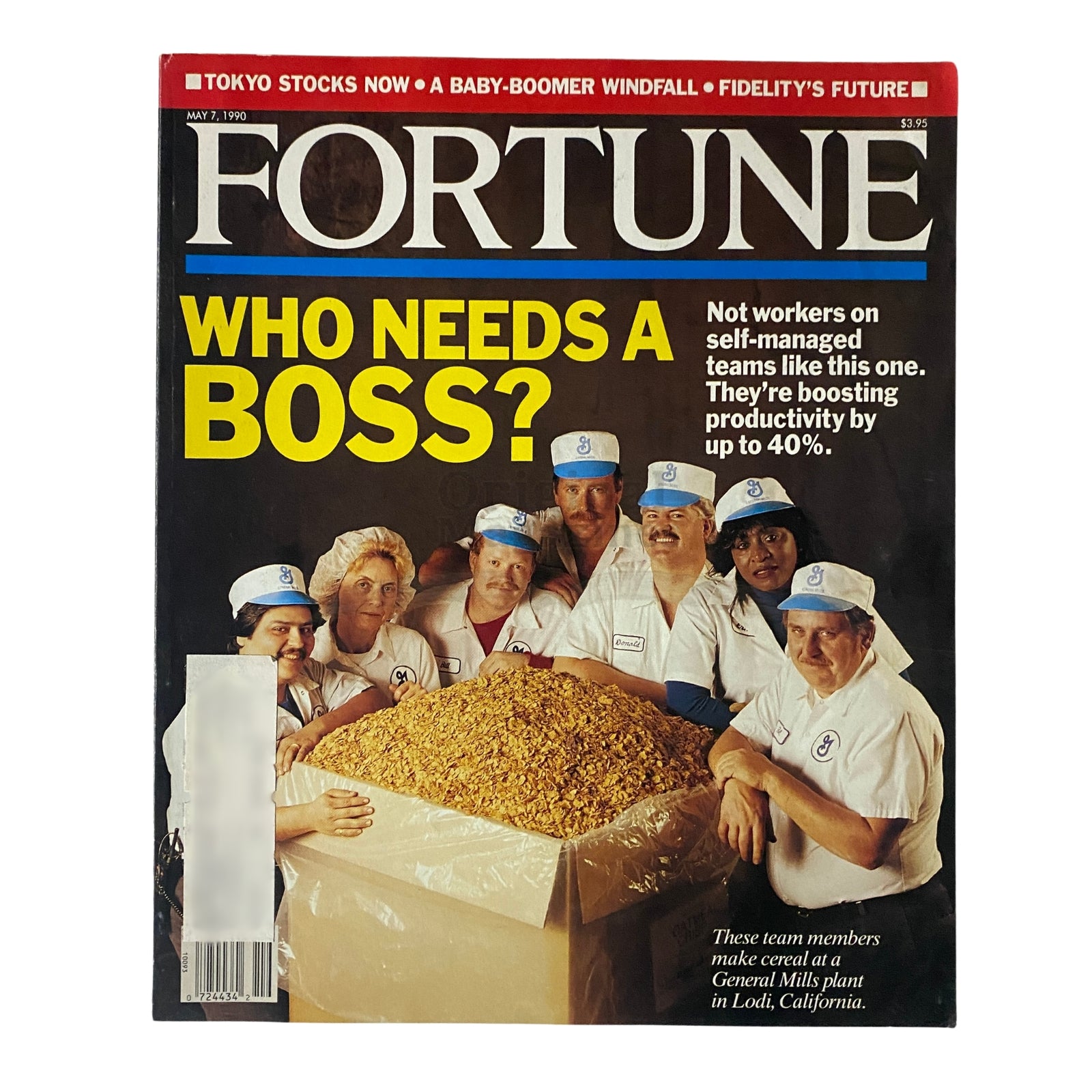 Cover of Fortune Magazine dated May 7, 1990, featuring the title 'WHO NEEDS A BOSS?' and a photo of General Mills team members from the Lodi plant, illustrating the concept of self-managed teams in productivity.