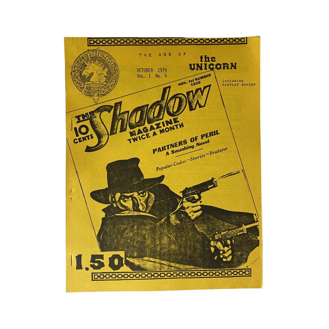 Cover of VTG The Unicorn Magazine, October 1979, Volume 1, Number 4, titled 'Partners of Peril'. Vintage design featuring a bold yellow background with artwork representing a classic literary style.