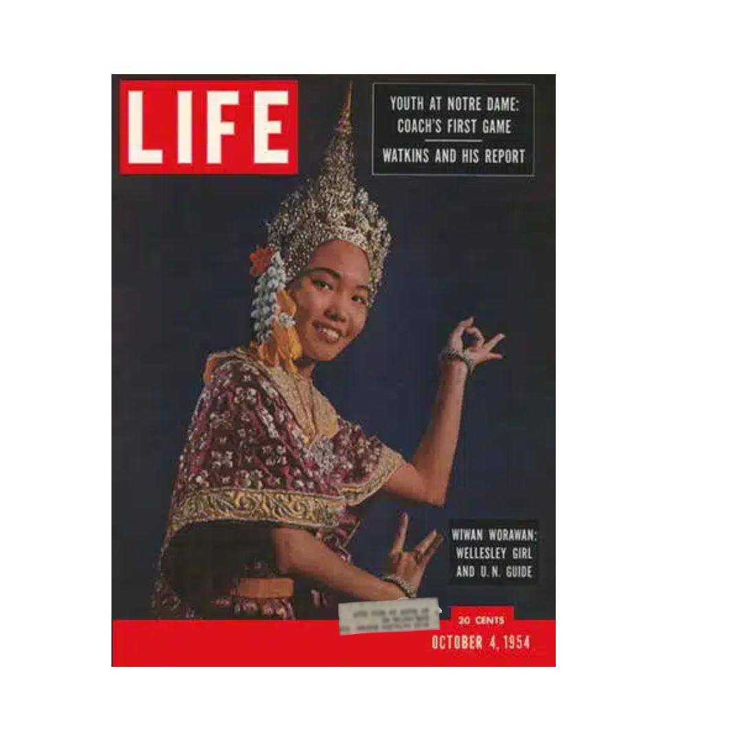 Cover of the October 4, 1954 issue of Life Magazine featuring Wiwan Woraran, a Wellesley Girl and U.N. Guide, in traditional attire, highlighting her cultural representation. The magazine includes stories on sports, politics, and social issues from the time.
