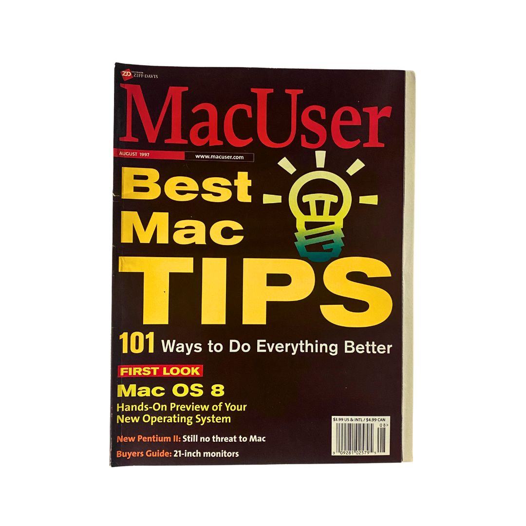 Cover of Mac User Magazine August 1997 Vol 13 No. 8 featuring 'Best Mac Tips' with tips highlighted, showcasing the theme of enhancing Mac performance for collectors and tech enthusiasts.