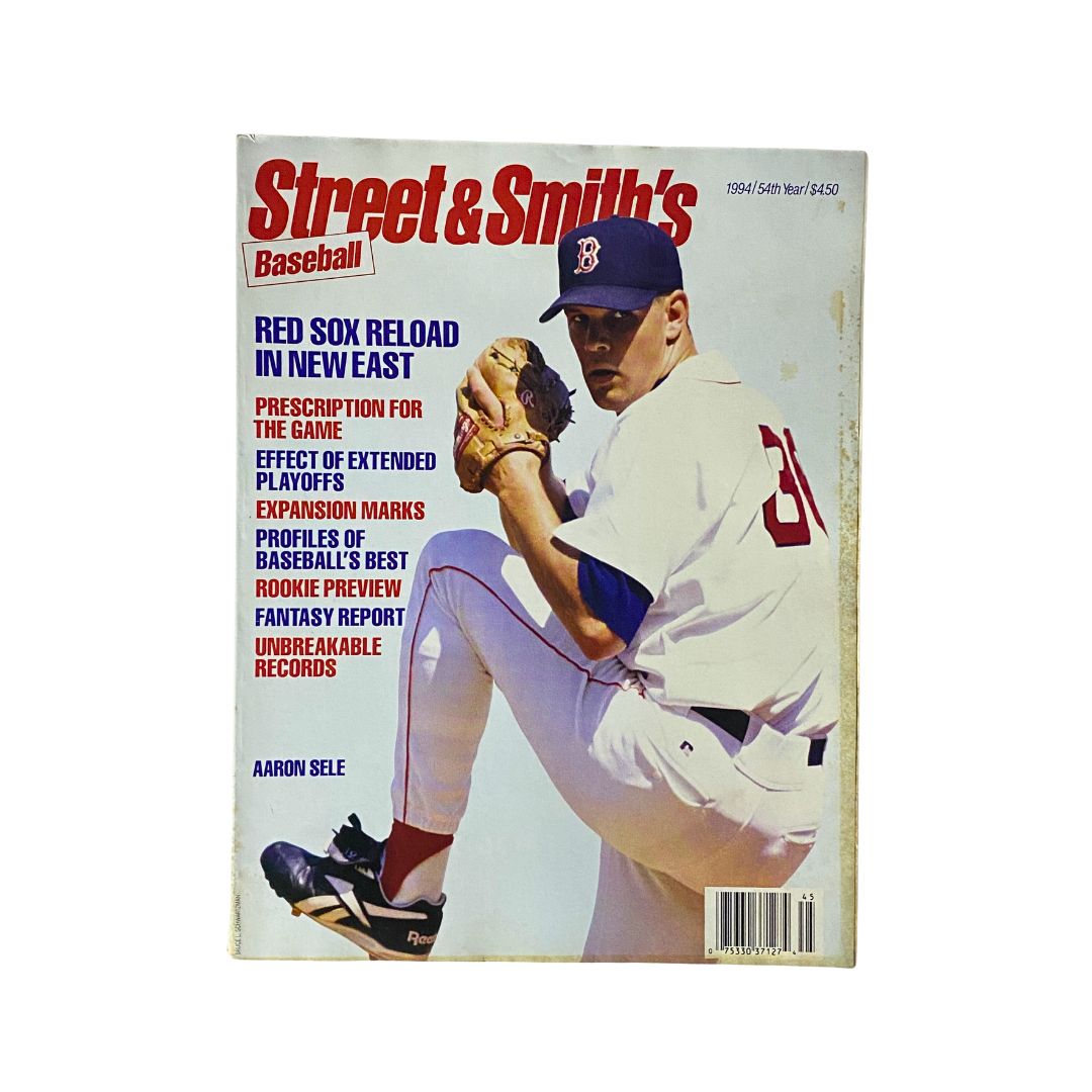 Cover of Street & Smith's Baseball Magazine 1994 featuring Aaron Sele, showcasing articles on MLB updates, fantasy report, and player profiles.
