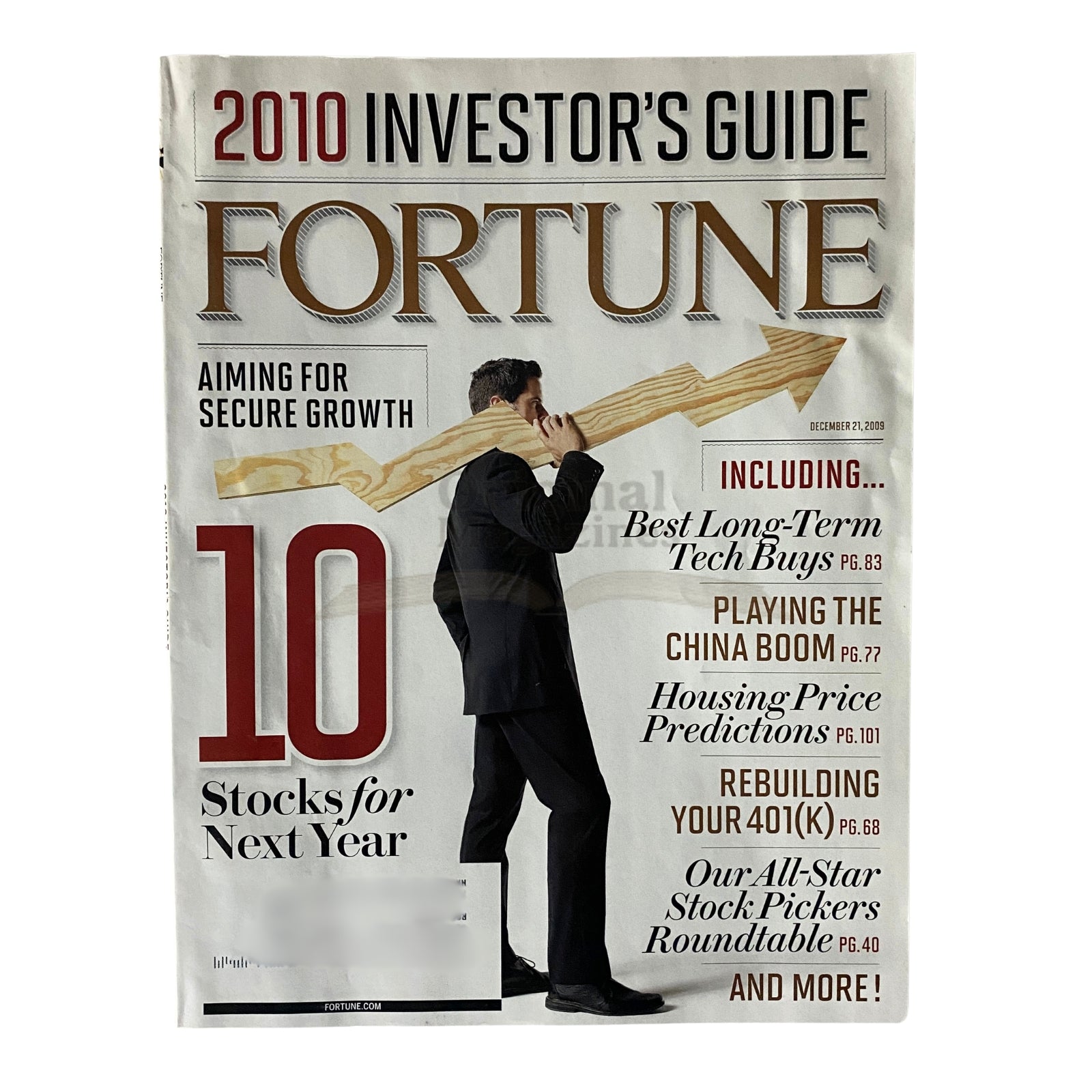 Cover of Fortune Magazine December 21, 2009 featuring the title 'Best Long Term Tech Buys' and '10 Stocks for Next Year', emphasizing financial growth strategies.