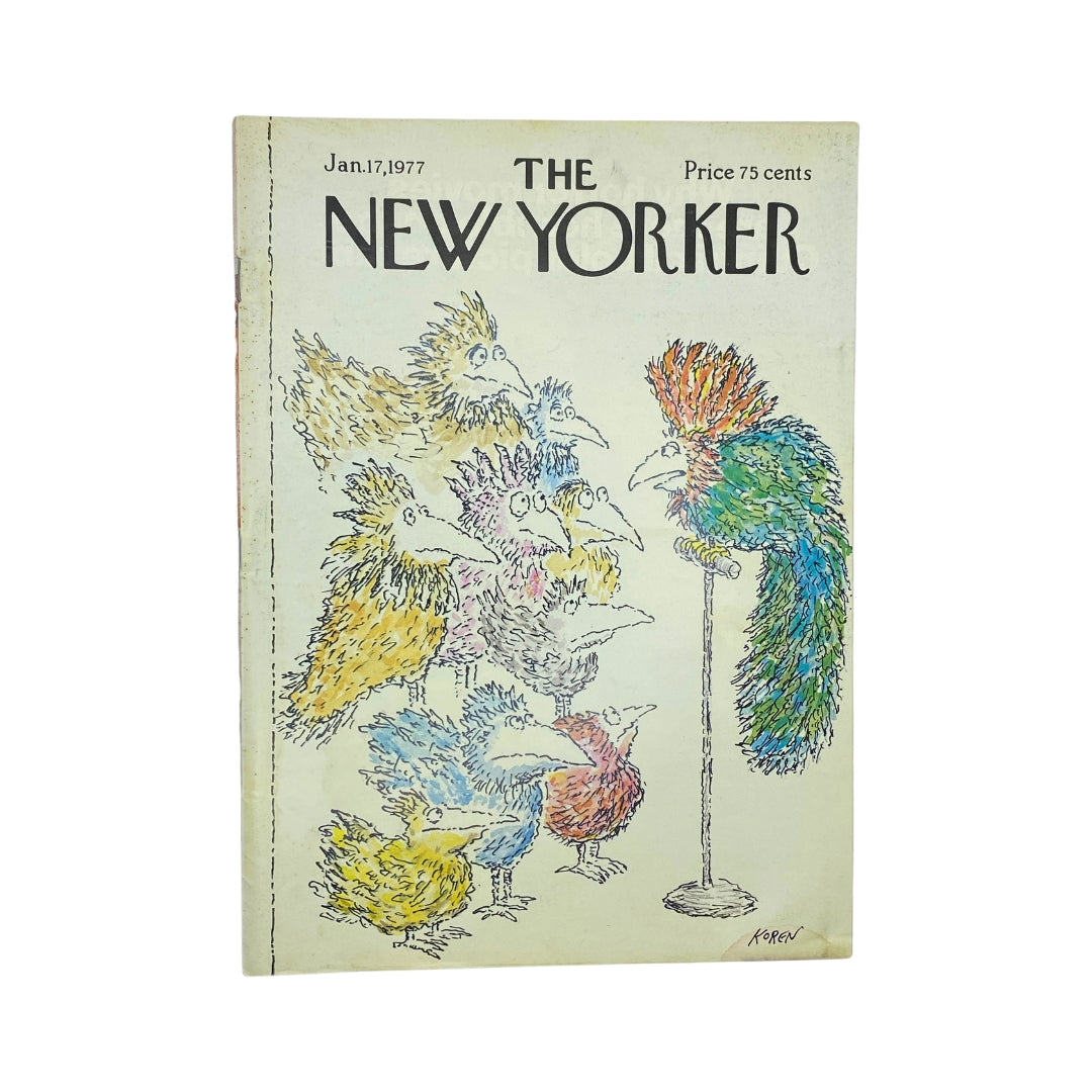 The New Yorker Complete Magazine January 17, 1977 cover featuring a vibrant illustration by Edward Koren, showcasing a whimsical collection of colorful, cartoonish birds. This vintage magazine is a notable piece of media history.