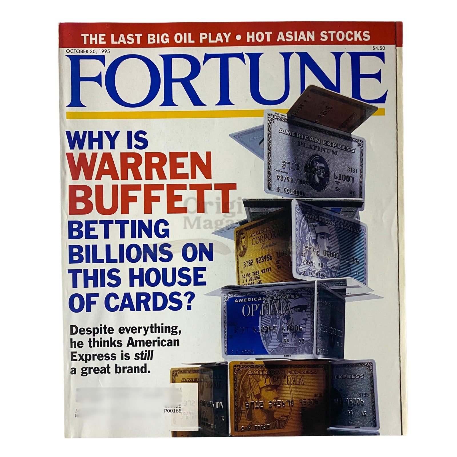 Cover of Fortune Magazine dated October 30, 1995 featuring the title 'Why is Warren Buffett Betting Billions on This House of Cards?'. The cover showcases several American Express cards and has text discussing Buffett's investment thoughts.