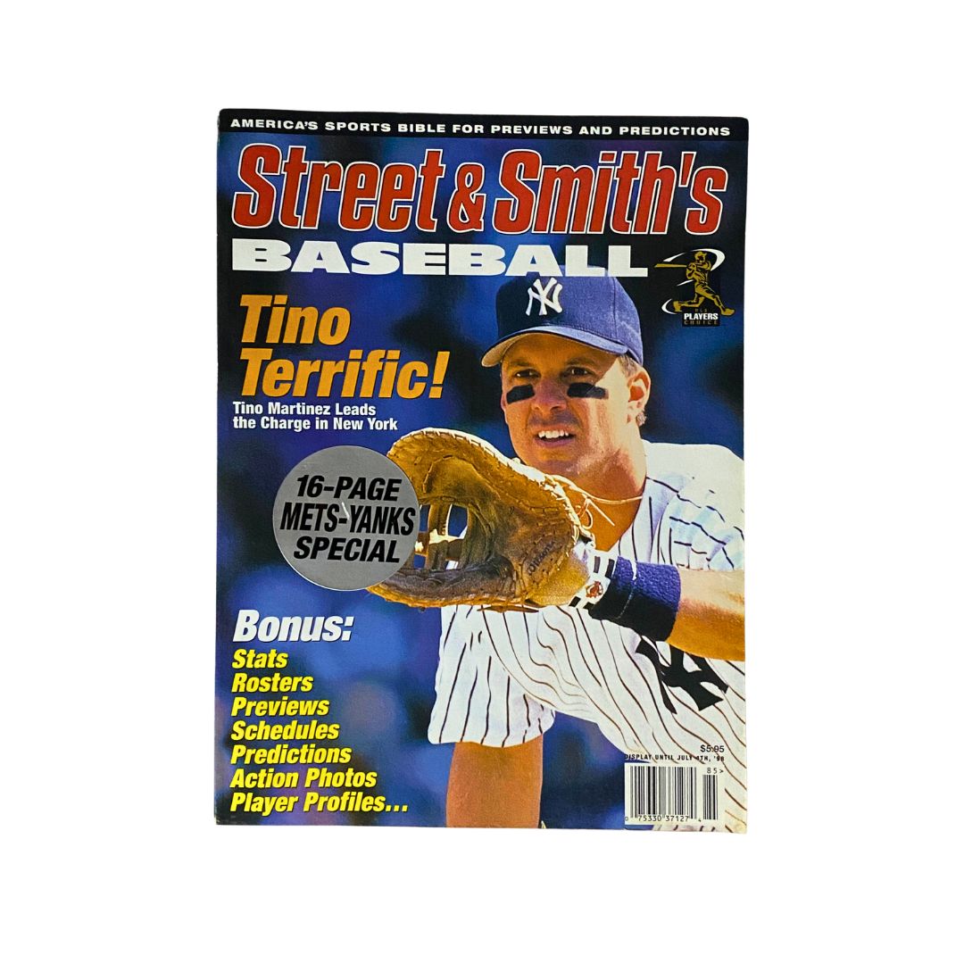 Street & Smith's Baseball Magazine 1998 featuring Tino Martinez on the cover, showcasing him in a New York Yankees uniform with his glove, highlighting 'Tino Terrific!' and a 16-page Mets-Yanks special.