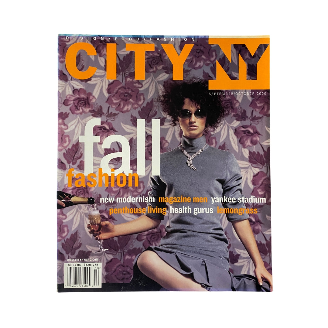 City NY Magazine September - October 2000 cover featuring a model in a gray dress against a floral backdrop, highlighting fall fashion trends.