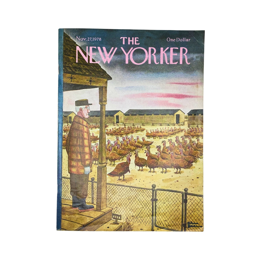 The New Yorker Complete Magazine November 27, 1978 featuring a whimsical cover illustration by Charles Addams, depicting a man observing a flock of turkeys on a farm.