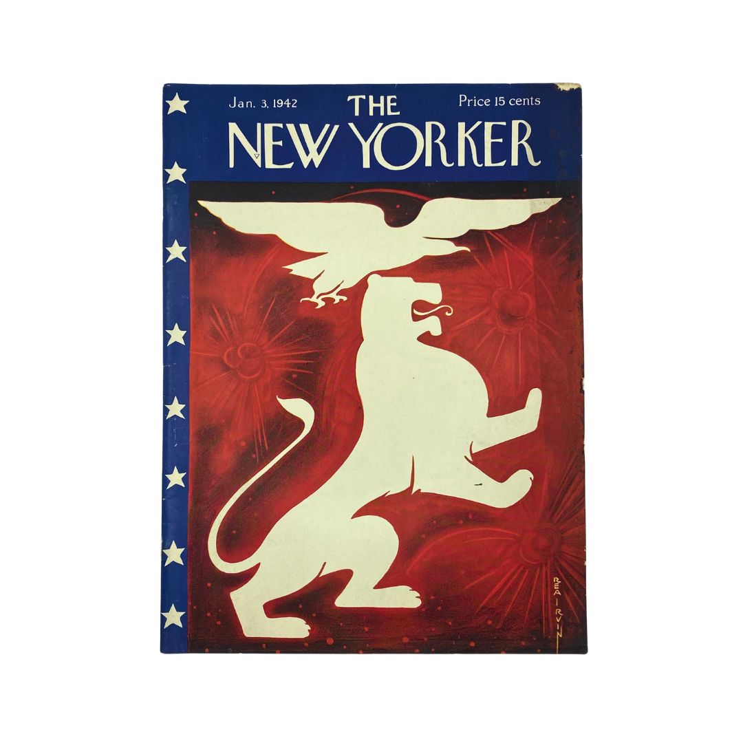 Cover of The New Yorker Complete Magazine January 3, 1942 featuring a Rea Irvin illustration, showcasing a stylized lion and eagle design with a vintage color palette.
