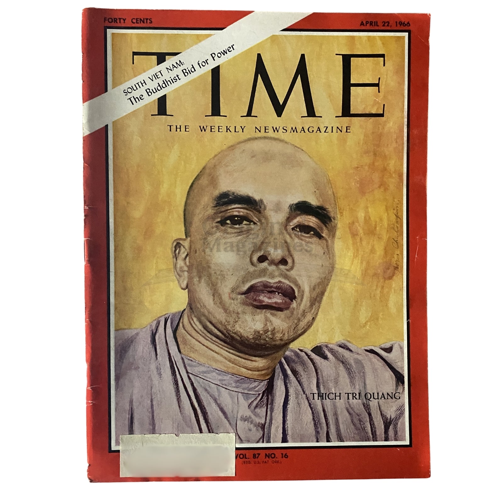 Cover of Time Magazine dated April 22, 1966, featuring Thich Tri Quang. The iconic red cover highlights the article 'South Viet Nam: The Buddhist Bid for Power.' Volume 87, No. 16.