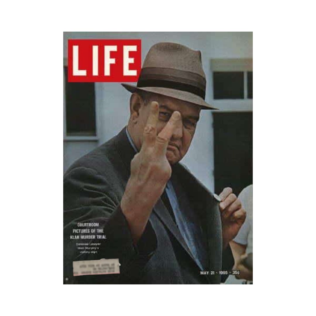 Cover of Life Magazine dated May 21, 1965, featuring an image related to the Ku Klux Klan murder trial with a man showing a peace sign. This vintage magazine issue explores the complexities of civil rights in the 1960s.