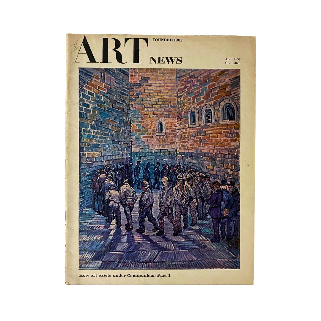 VTG Art News Magazine April 1958 featuring the cover art 'Prisoners' Round' by Vincent van Gogh, showcasing a scene with prisoners in a colorful walled setting.