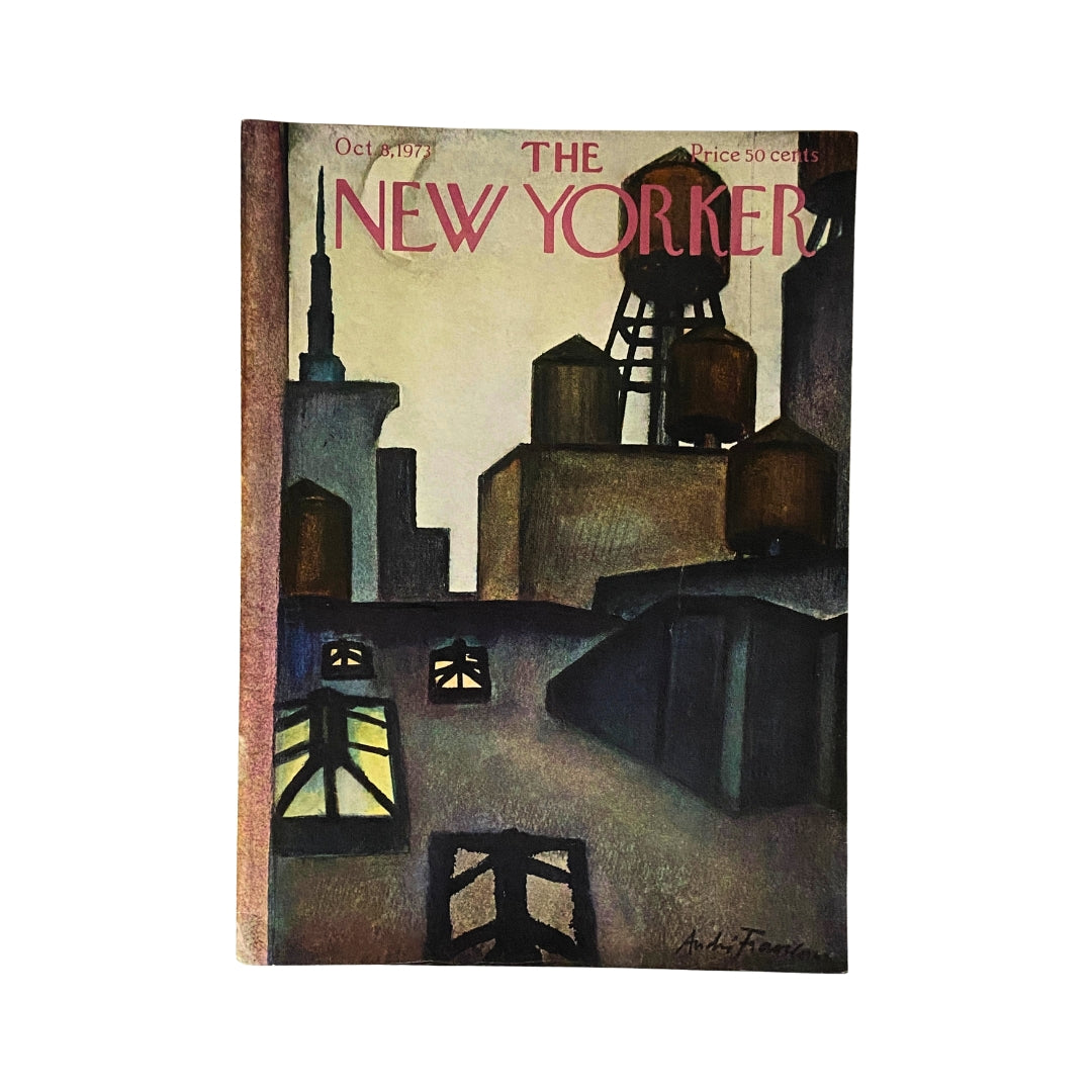 Cover of The New Yorker, October 8, 1973, featuring artwork by Andrei Francois, showcasing a moody urban landscape with silhouettes of buildings and water towers.