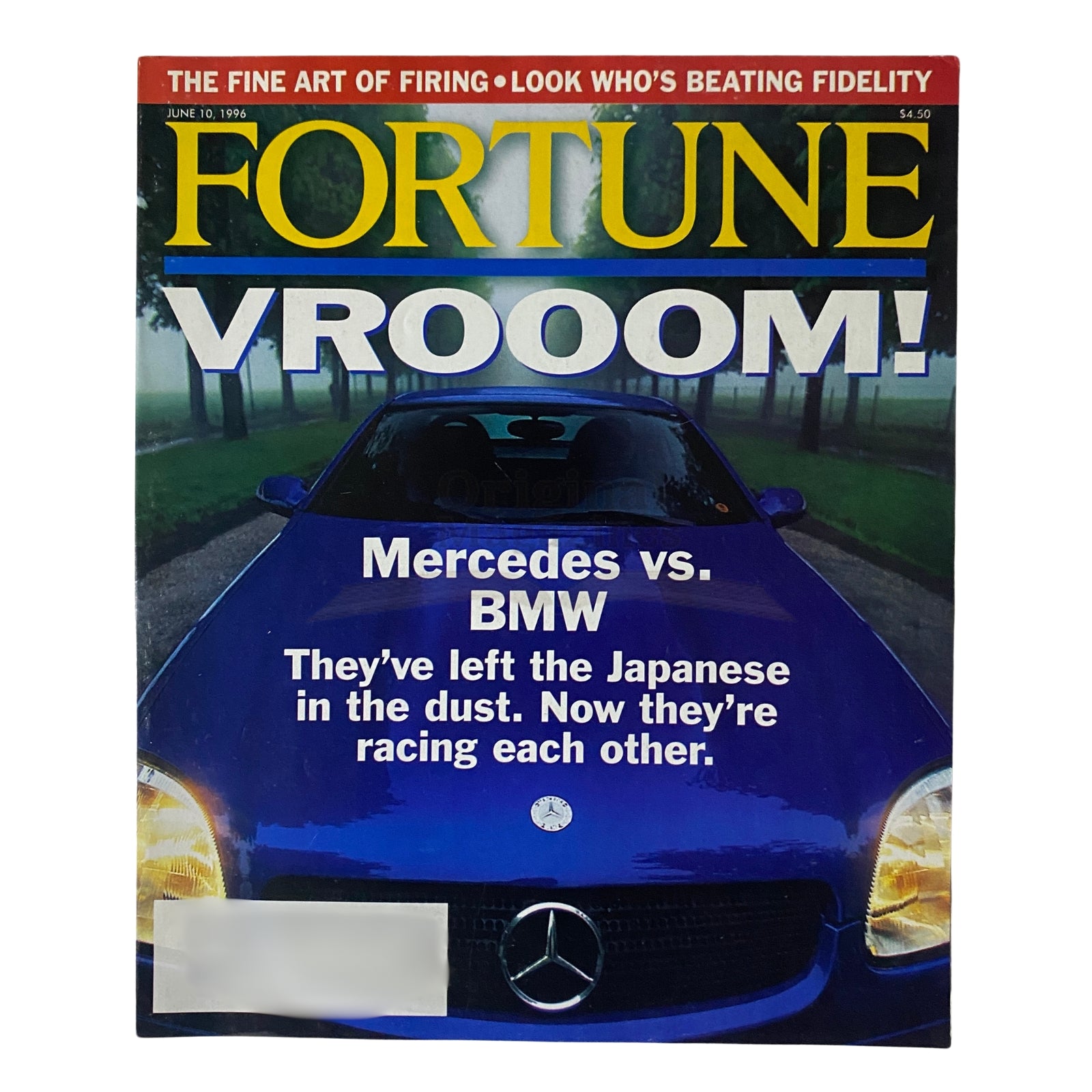 Fortune Magazine cover from June 10, 1996, featuring the title 'Mercedes vs BMW' and a striking image of a blue Mercedes sports car, highlighting the rivalry in the automobile industry.