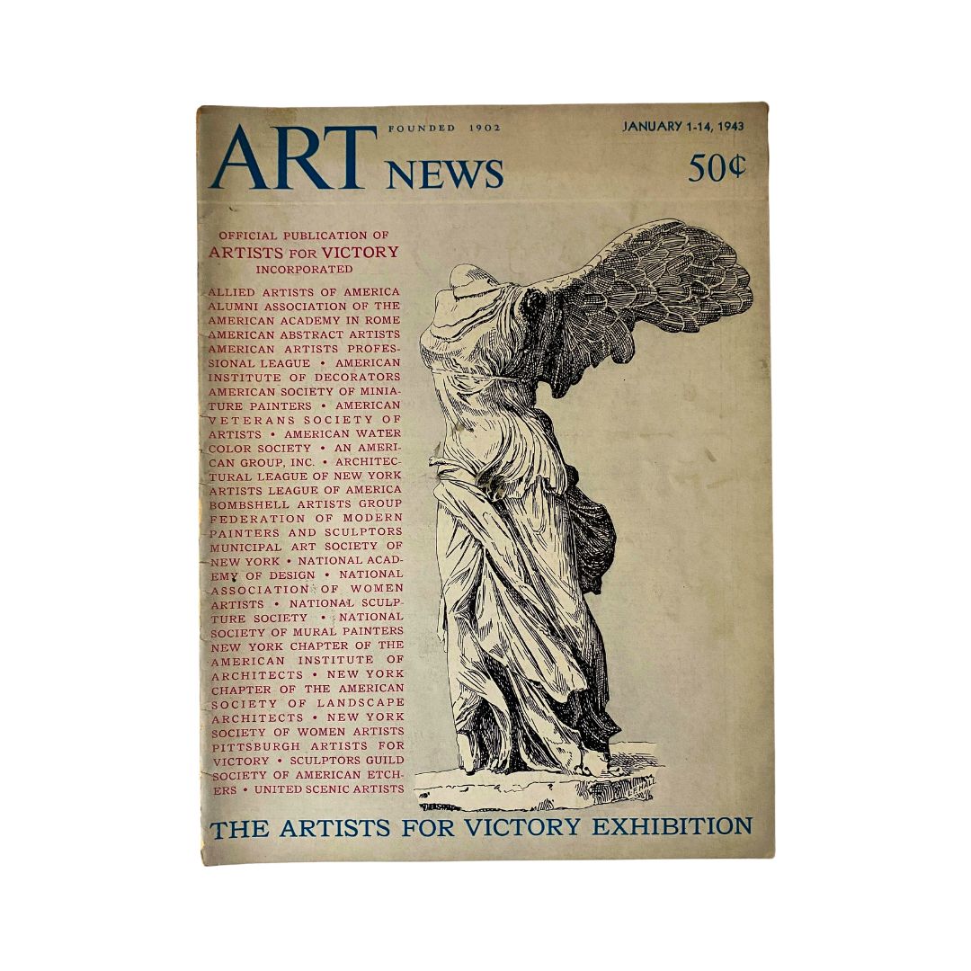 Cover of the Art News Magazine January 1-14, 1943 featuring the Victory of Samothrace, a pen drawing representation of the iconic sculpture. The magazine highlights artists and exhibitions during World War II.