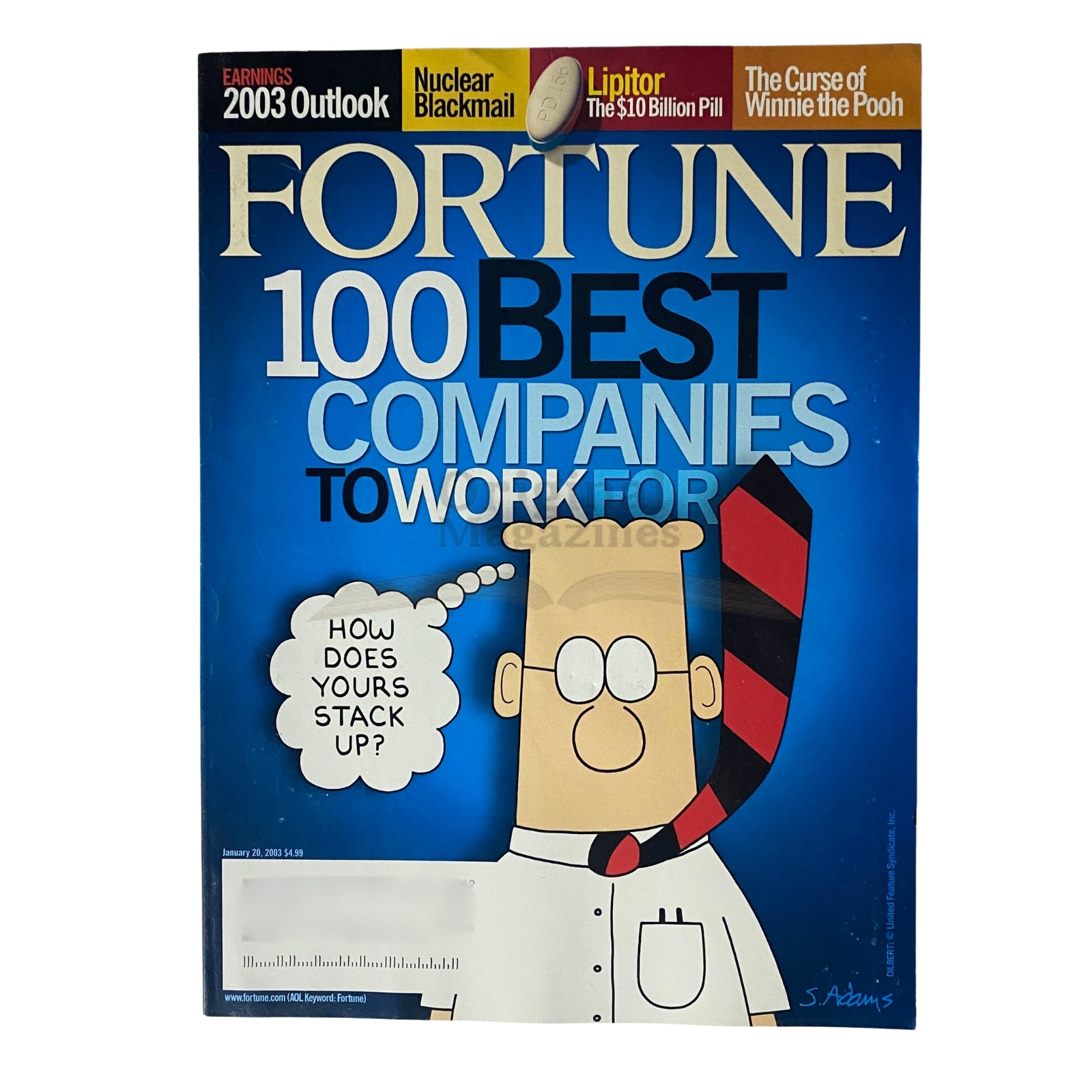 Cover of Fortune Magazine from January 20, 2003, featuring the title 'The 100 Best Companies to Work For,' showcasing an illustration of a character with glasses and a tie, with a tagline asking 'How does yours stack up?'