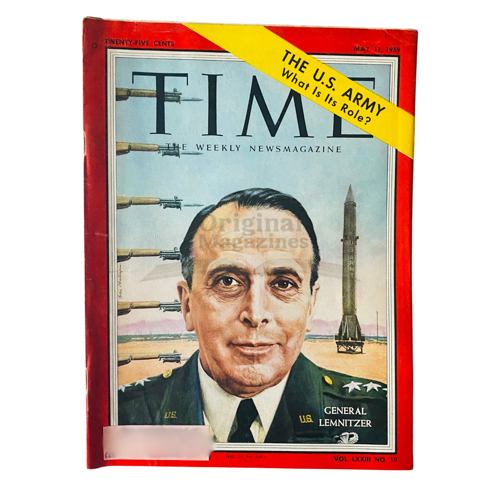Time Magazine May 11 1959 Vol 73 No. 19 featuring General Lyman Lemnitzer on the cover, depicting military themes with weaponry in the background, showcasing Cold War-era tensions.