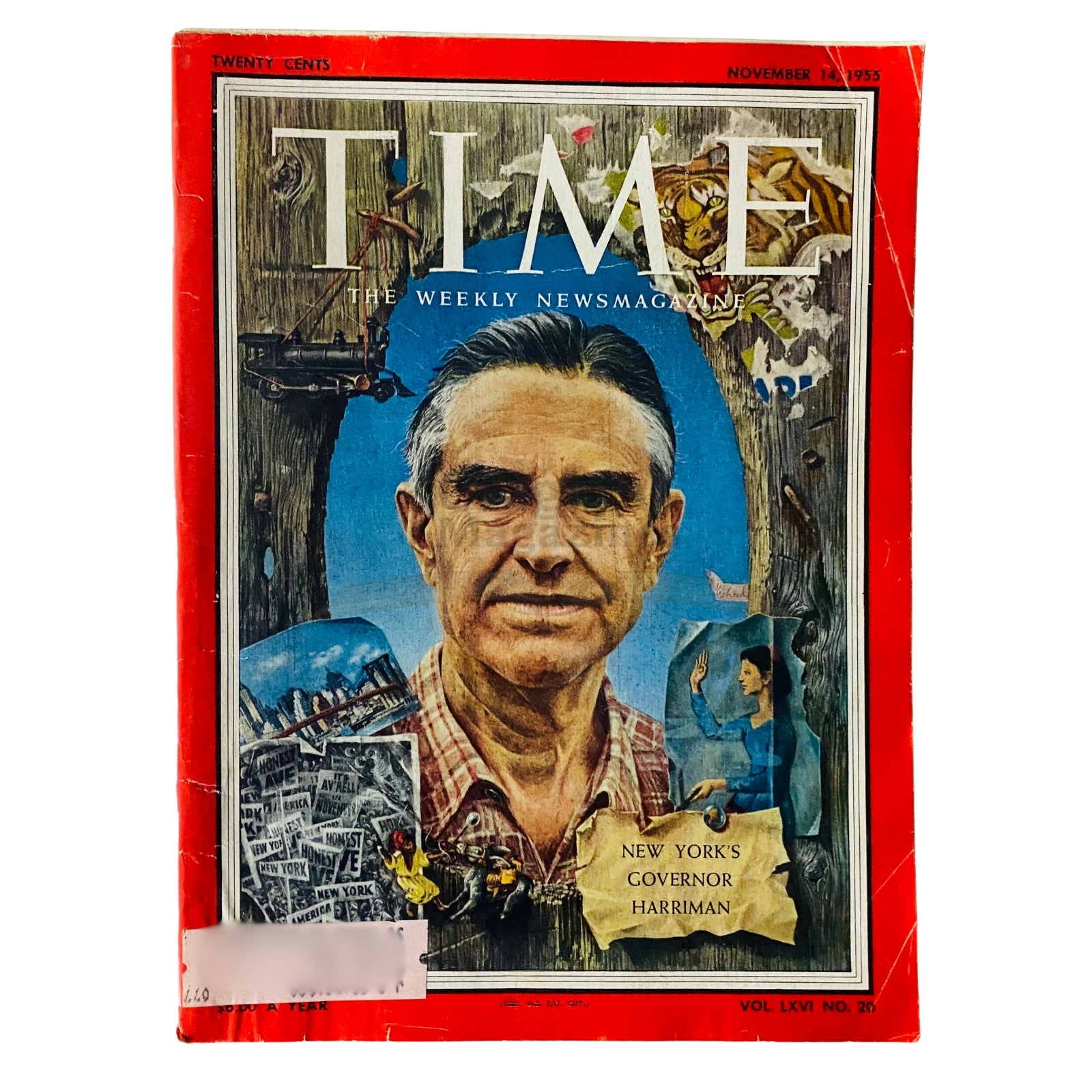Cover of Time Magazine November 14, 1955, Vol 66 No. 20 featuring New York Governor Harriman, showcasing mid-20th century design and political history.