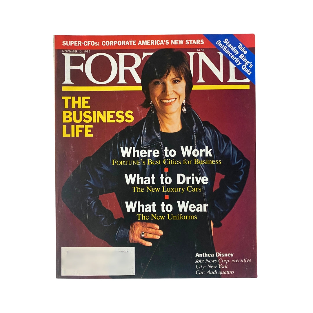 Fortune Magazine cover from November 13, 1995 featuring Anthea Disney, News Corp executive, with headlines on business life, luxury cars, and workplace advice.