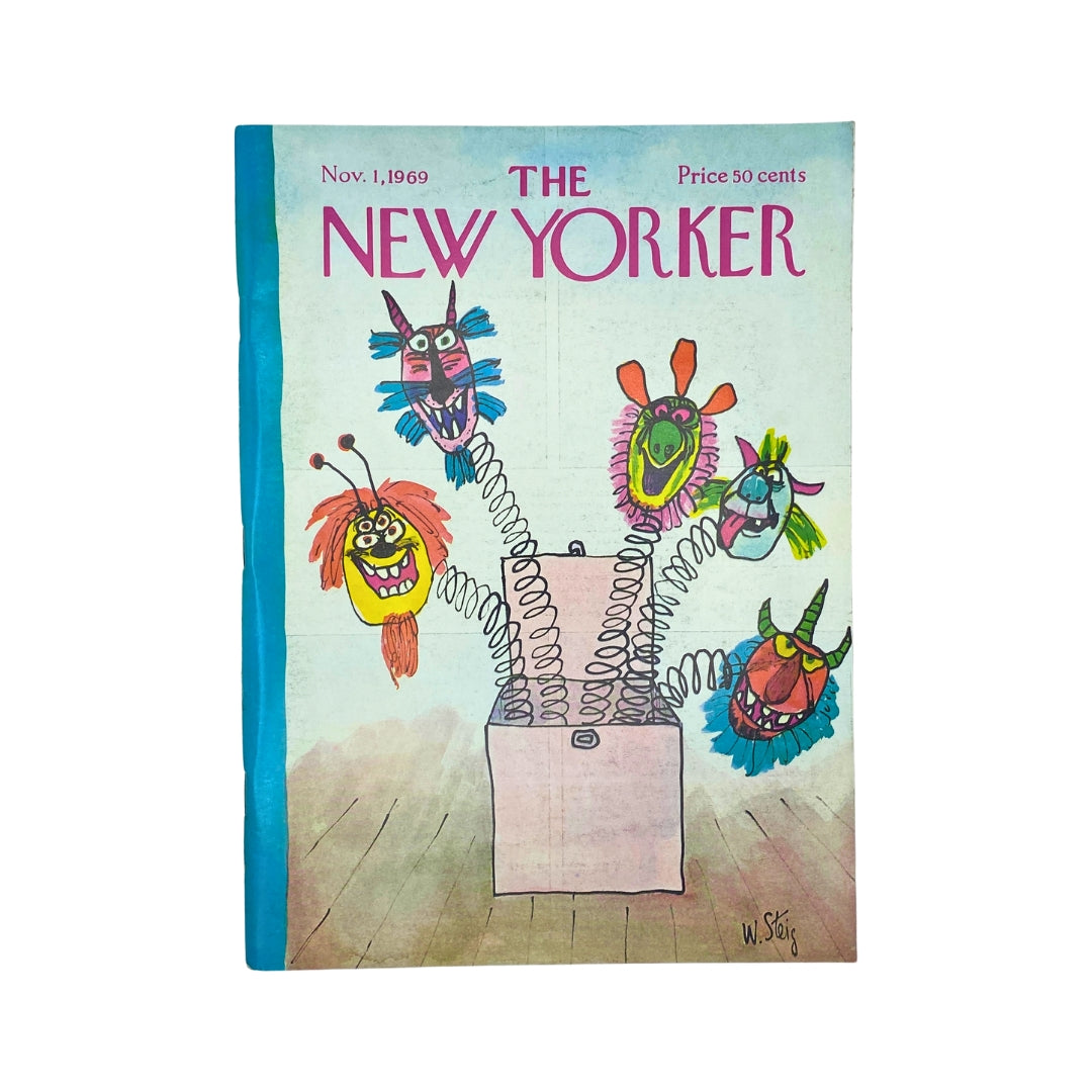 The New Yorker Complete Magazine November 1, 1969 featuring a colorful and whimsical cover illustration by William Steig, showcasing playful monster faces emerging from a spring-like box, priced at 50 cents.
