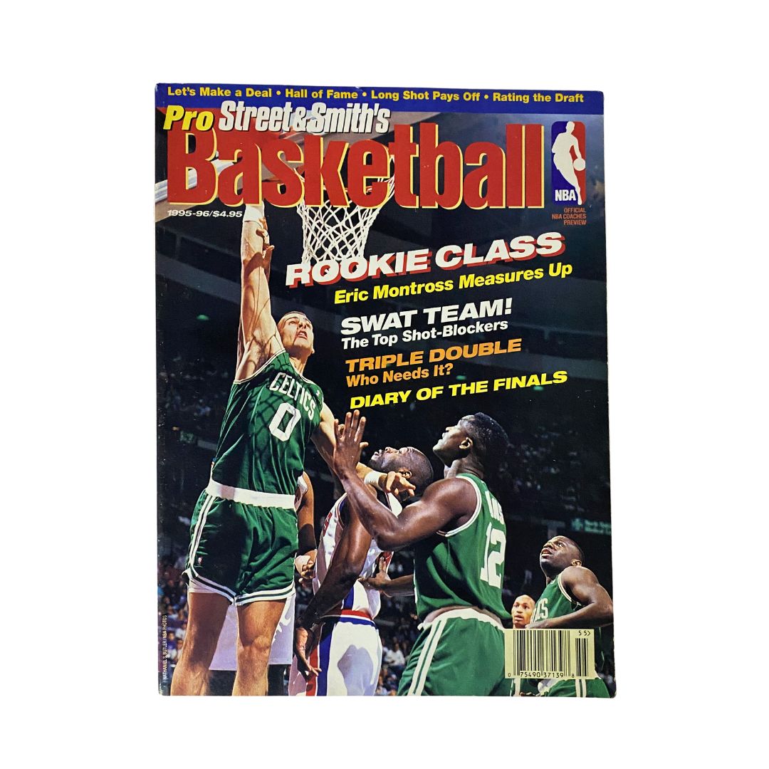Cover of Street & Smith's Pro Basketball Magazine 1995-1996 featuring Eric Montross, highlighting rookie class, play action, and significant articles on basketball.