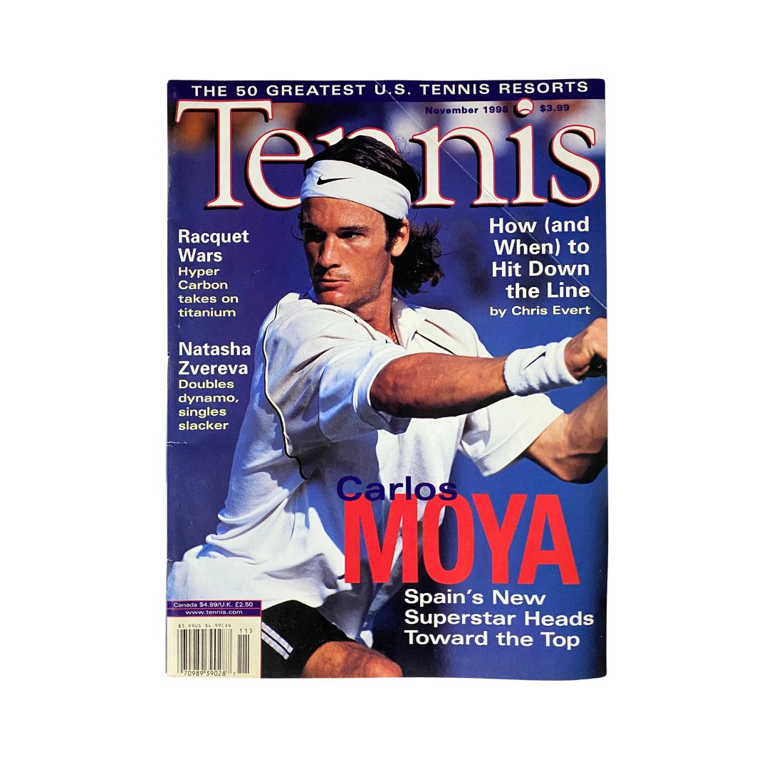 Tennis Magazine November 1998 featuring Spain's tennis star Carlos Moya on the cover, highlighting his rise in the sport with articles and insights into his career.