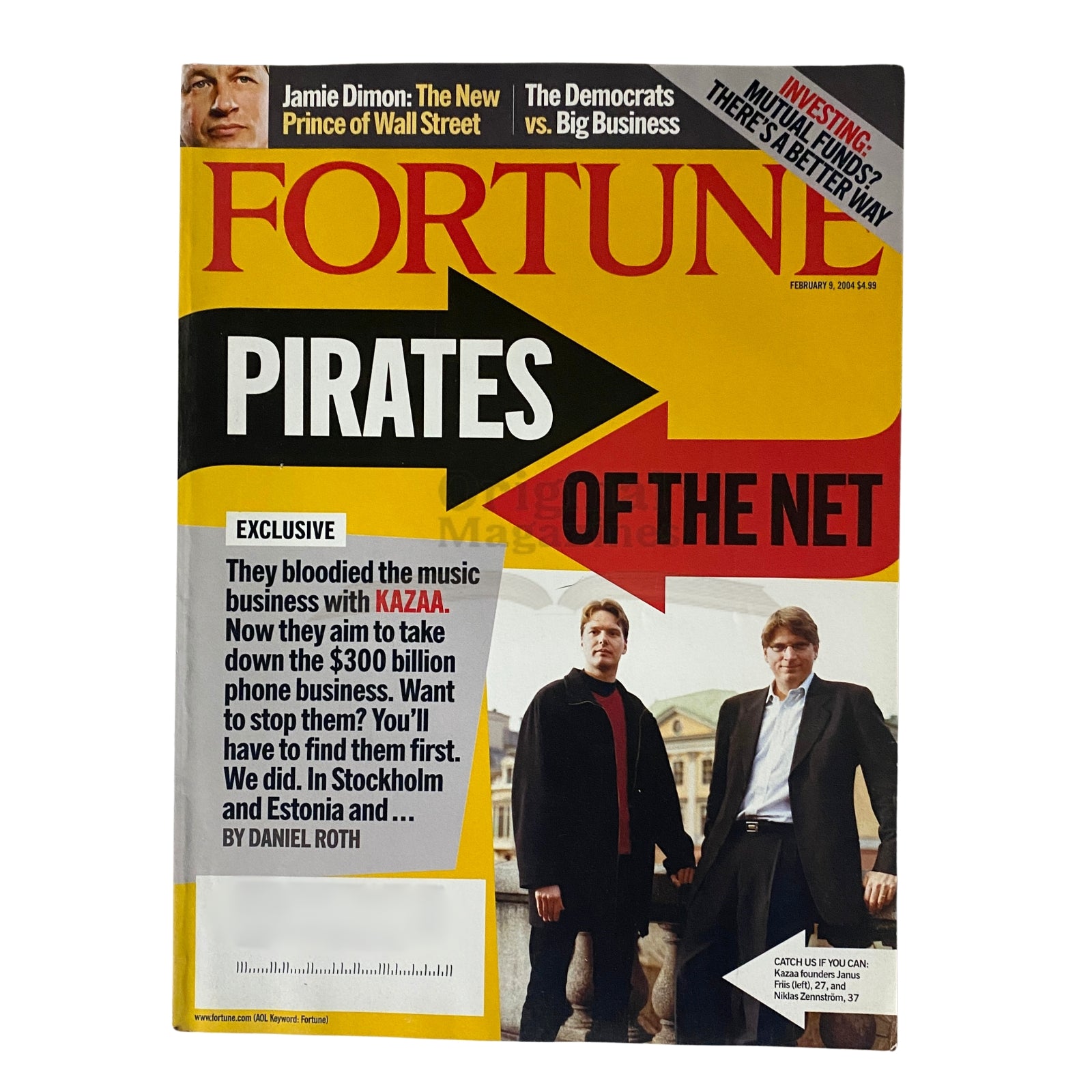 Fortune Magazine February 9, 2004 cover featuring Janus Friis and Niklas Zennstrom, highlighting the article 'Pirates of the Net' and discussing the impact of Kazaa on technology.