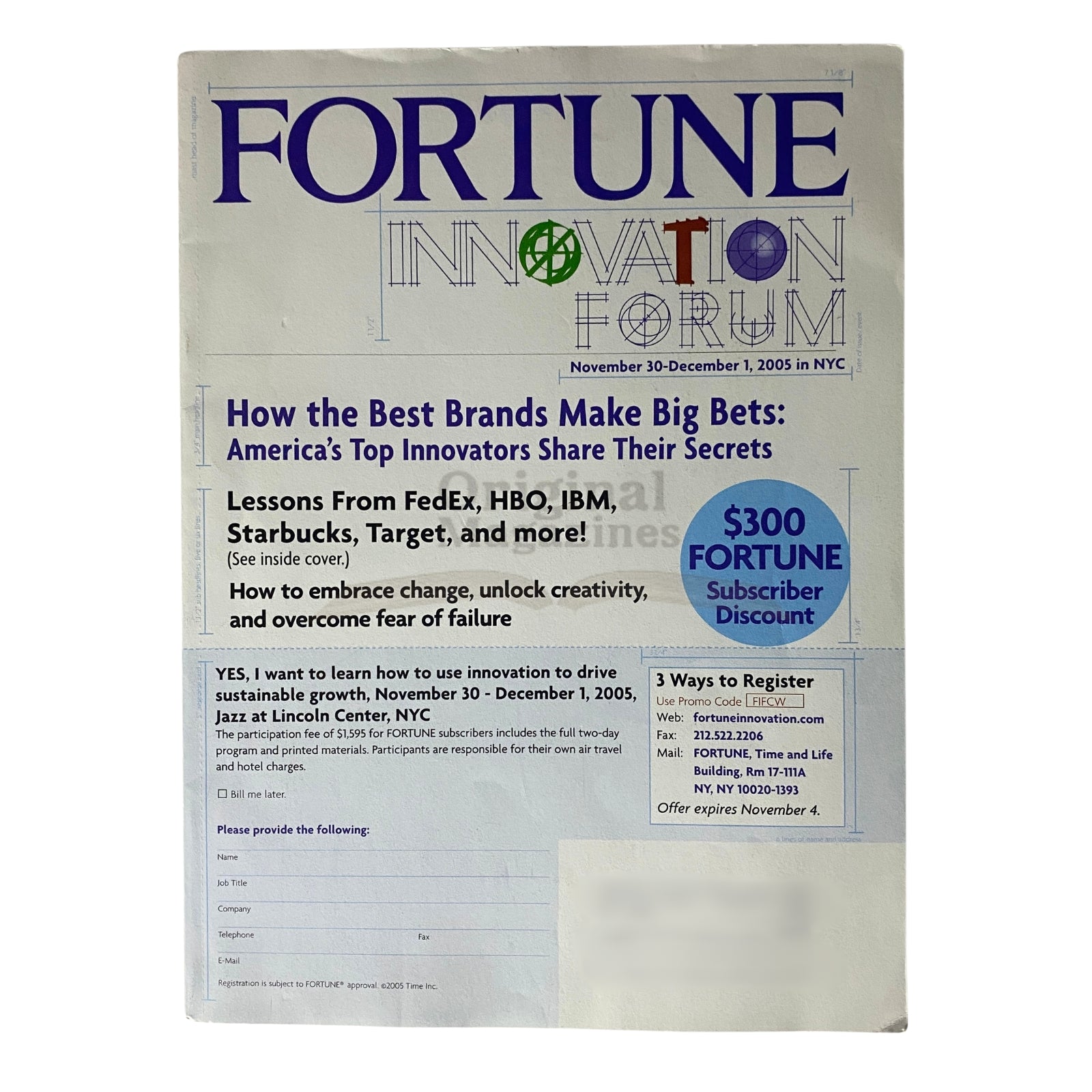 Back cover of Fortune Magazine November 2005 featuring the Innovation Forum announcement and event details.