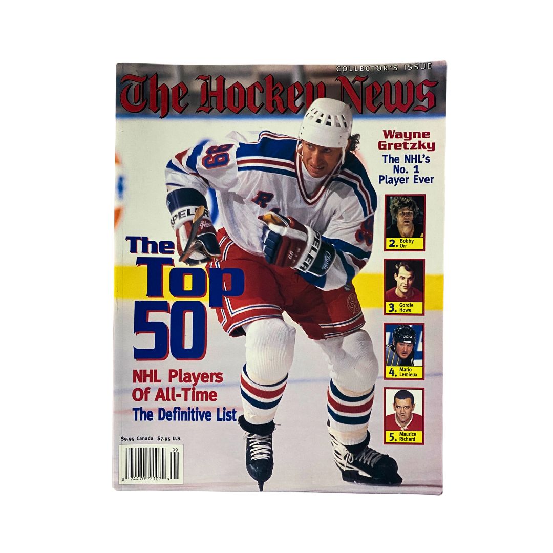 The Hockey News Collector's Issue 1997 featuring Wayne Gretzky on the cover, highlighting the top 50 NHL players of all time. This iconic magazine cover represents Gretzky's legendary status in hockey.