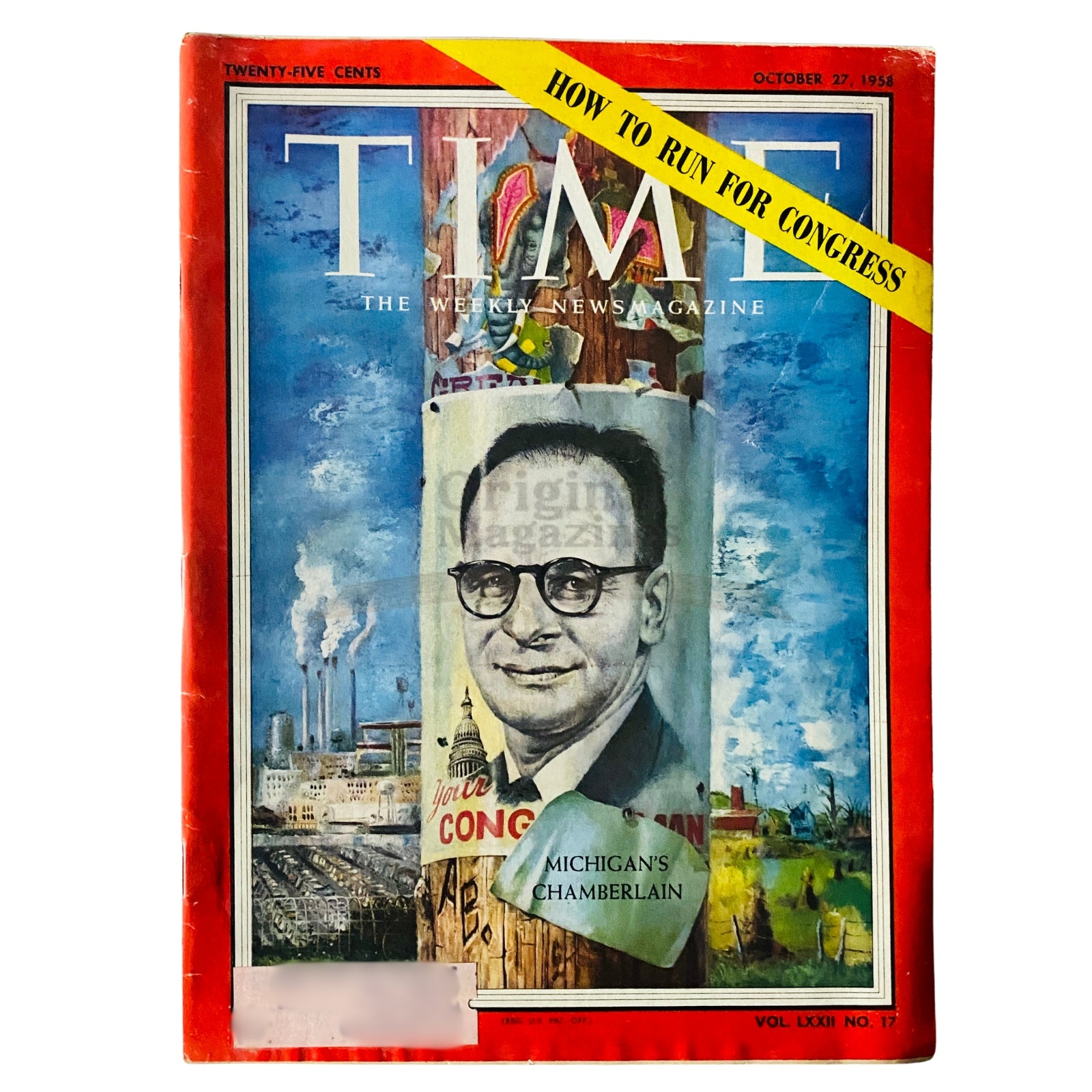 Time Magazine October 27 1958 Vol 72 No. 17 featuring Michigan's Charles Chamberlain on the cover, showcasing aspects of the late 1950s cultural and political landscape.