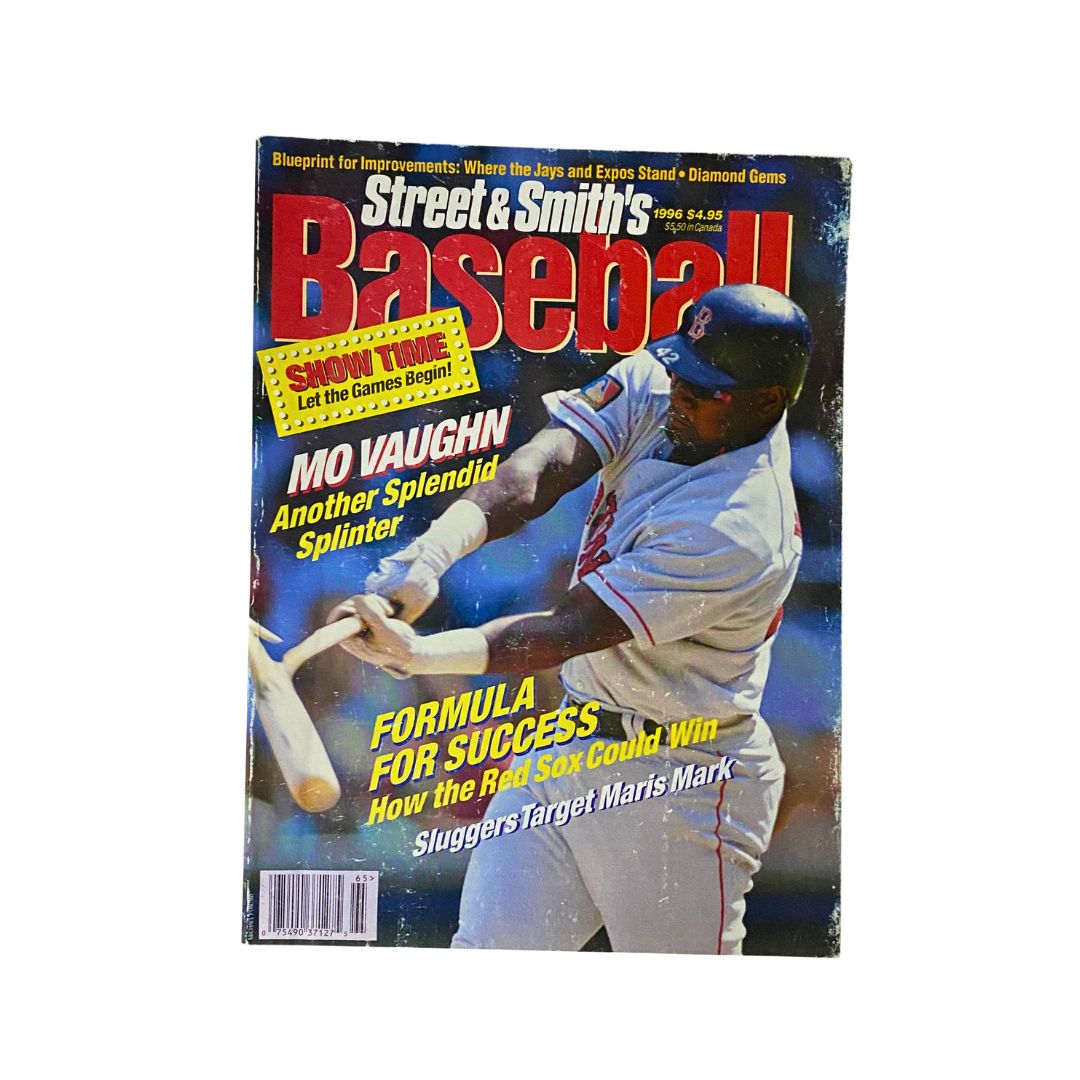 Cover of Street & Smith's Baseball Magazine 1996 featuring Mo Vaughn, showcasing vintage baseball memorabilia.