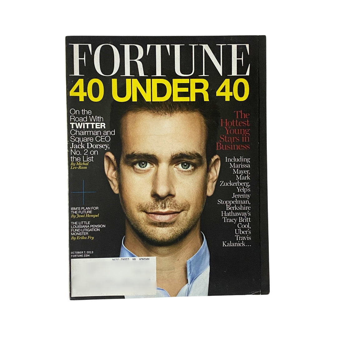 Cover of Fortune Magazine October 7, 2013 featuring Jack Dorsey, Twitter Chairman and Square CEO with the title 'Fortune 40 Under 40'; showcasing profiles of influential young business leaders.