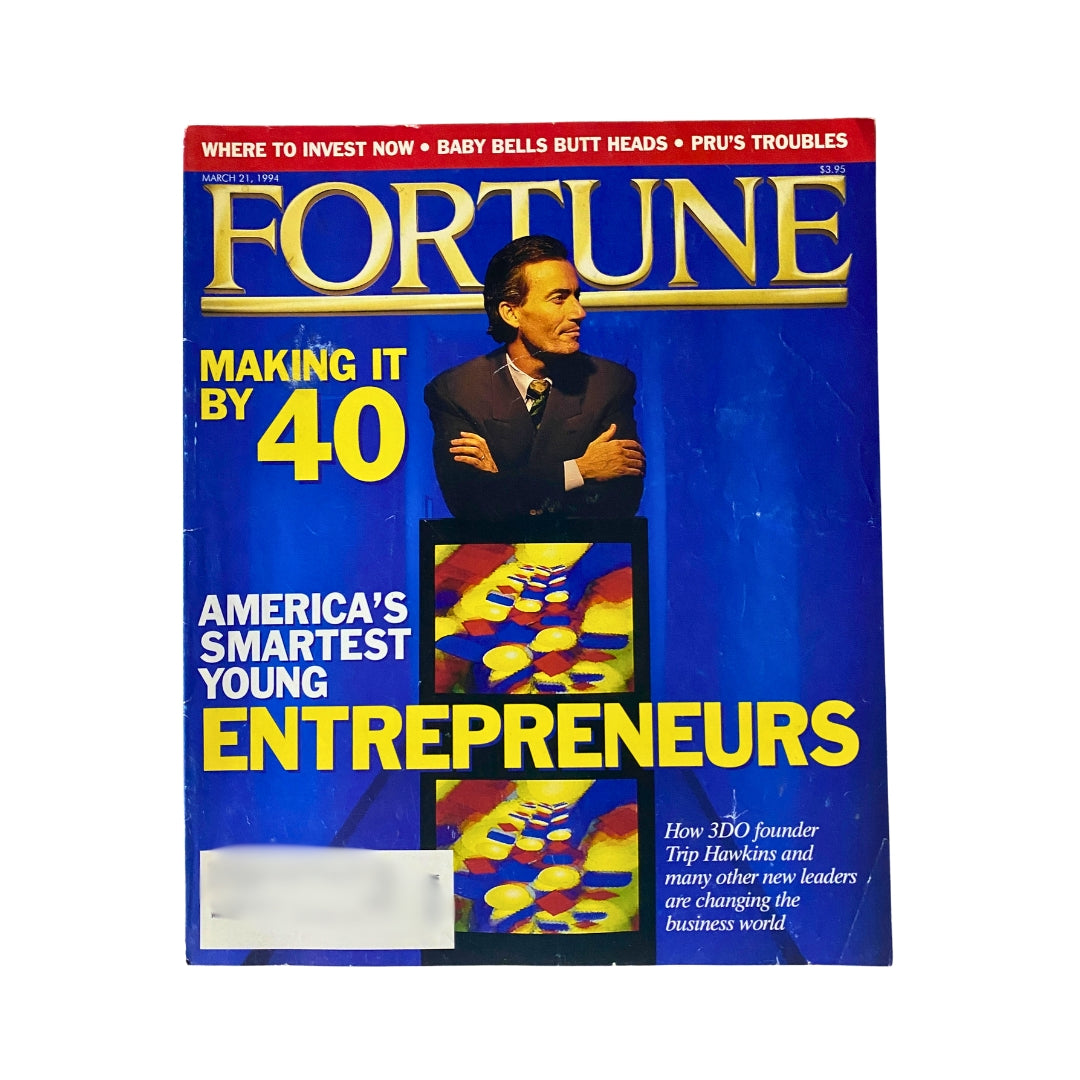 Fortune Magazine March 21, 1994, featuring Trip Hawkins, the founder of 3DO, on the cover. The magazine highlights America's smartest young entrepreneurs with bold graphics and vibrant colors.