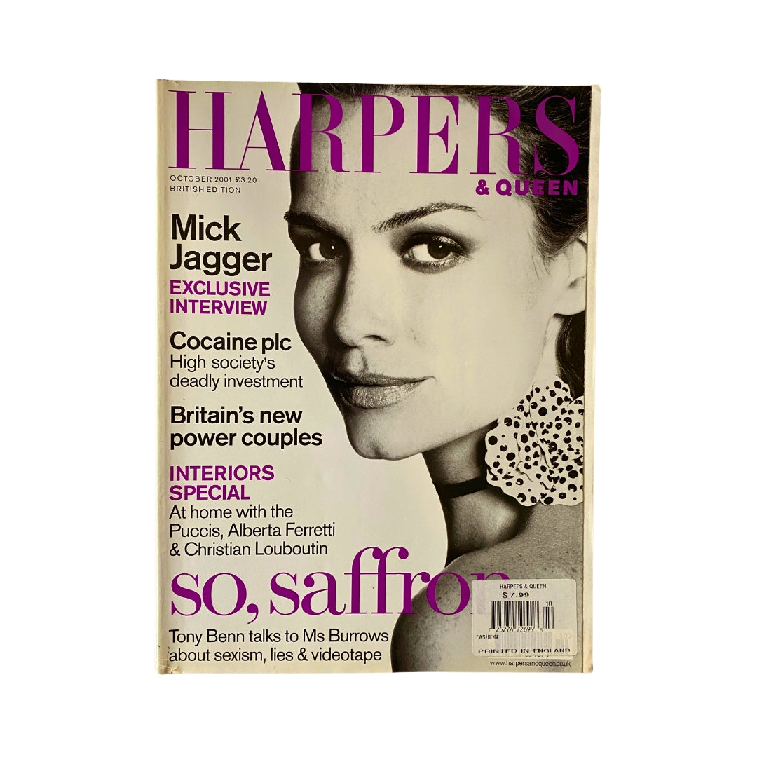 Cover of Harpers & Queen British Edition Magazine October 2001 featuring Saffron Burrows with an exclusive interview with Mick Jagger.