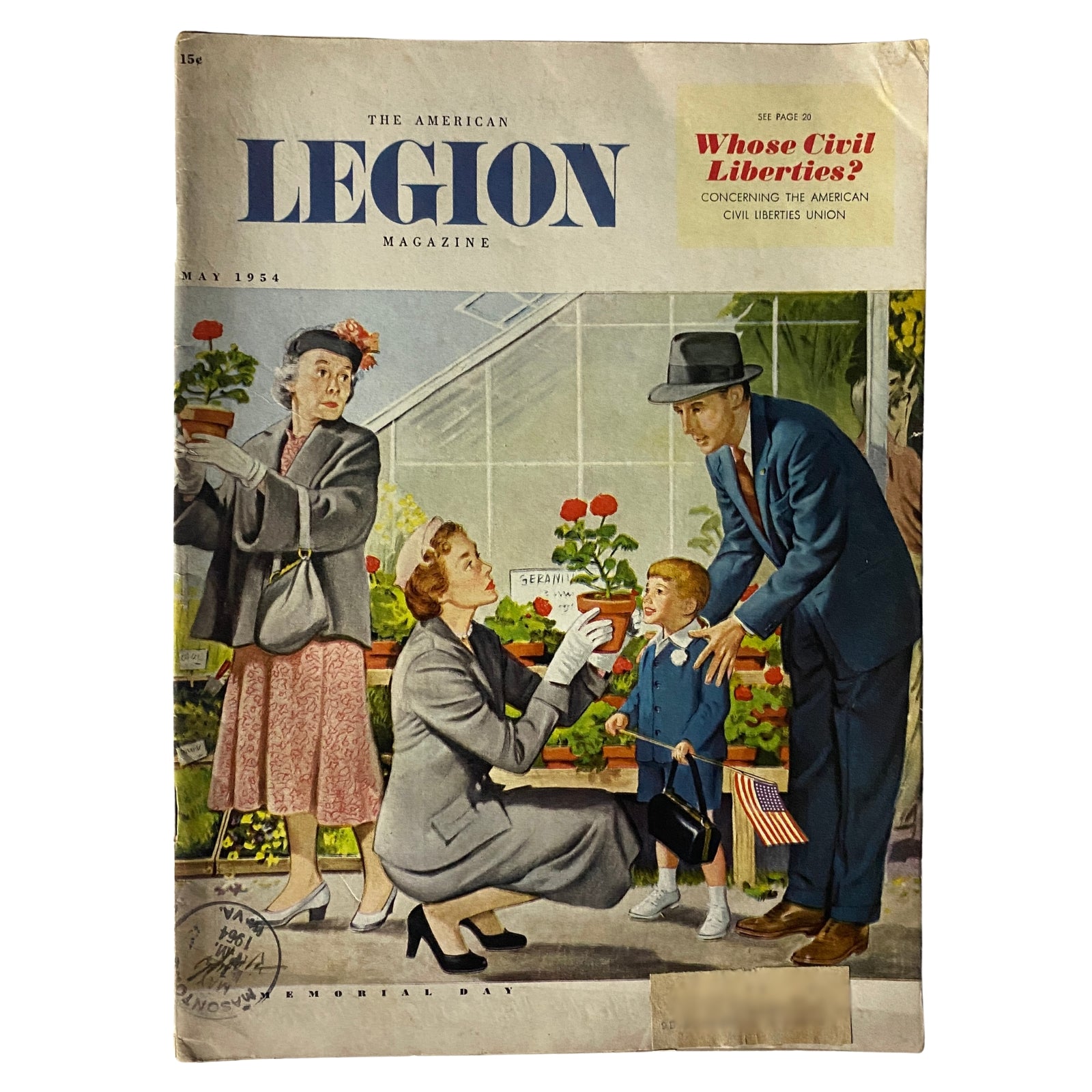 Cover of The American Legion Magazine May 1954 featuring a family planting flowers in honor of Memorial Day with the title 'Whose Civil Liberties?' prominently displayed.