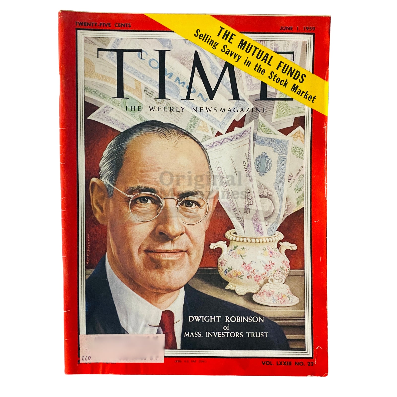 Time Magazine cover from June 1, 1959, Vol 73 No. 22 featuring an illustration of Dwight Robinson, an investor associated with Massachusetts Investor Trust, showcasing the financial themes of the era.