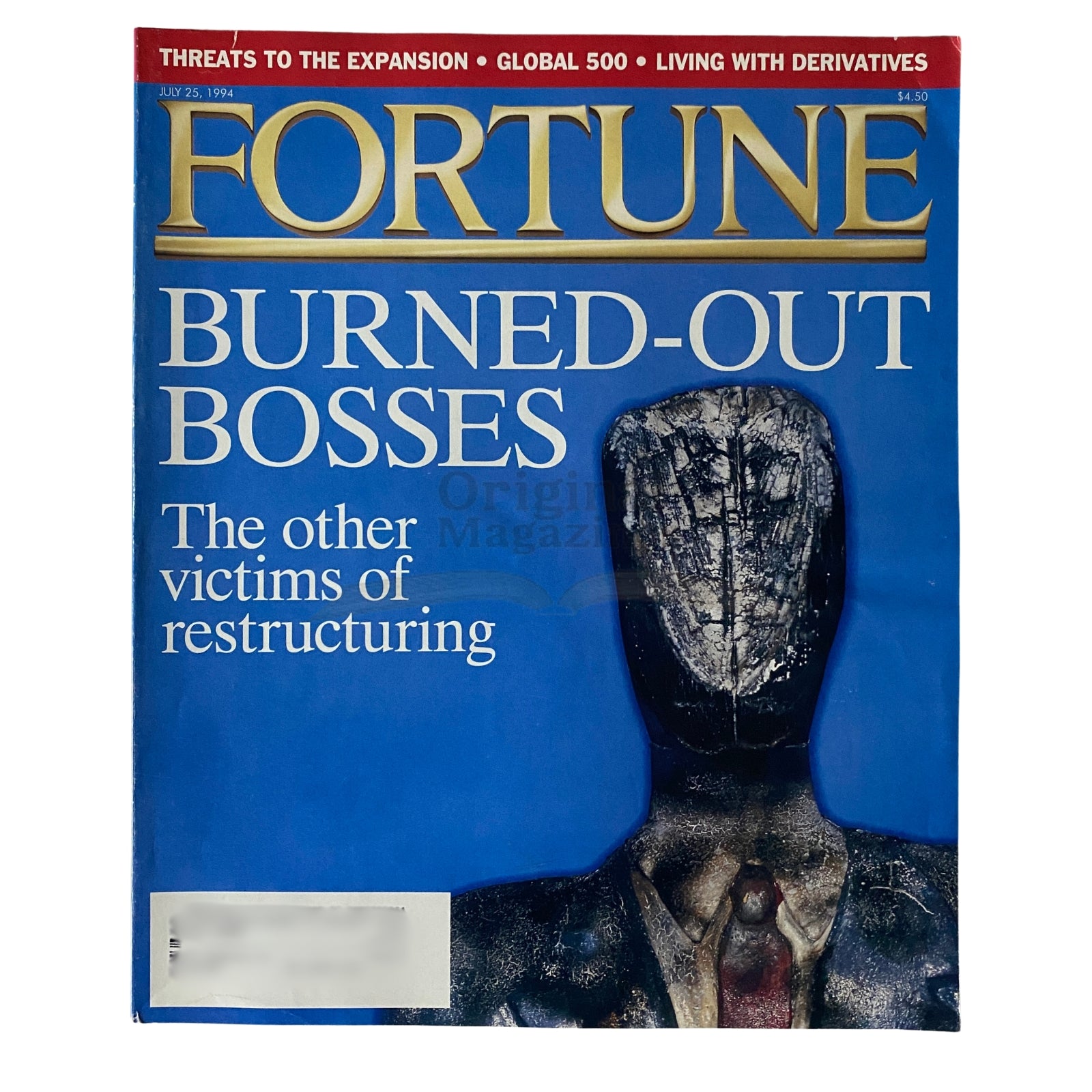 Fortune Magazine cover from July 25, 1994 featuring the title 'Burned-Out Bosses: The Other Victims of Restructuring' with a blue background and an artistic depiction of a figure symbolizing stress in corporate leadership.
