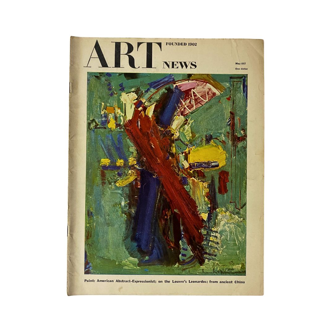 Cover of Art News Magazine May 1957 featuring abstract artwork titled 'X, 1955' by Hans Hofmann. A vibrant design showcasing the cultural significance of abstract expressionism.