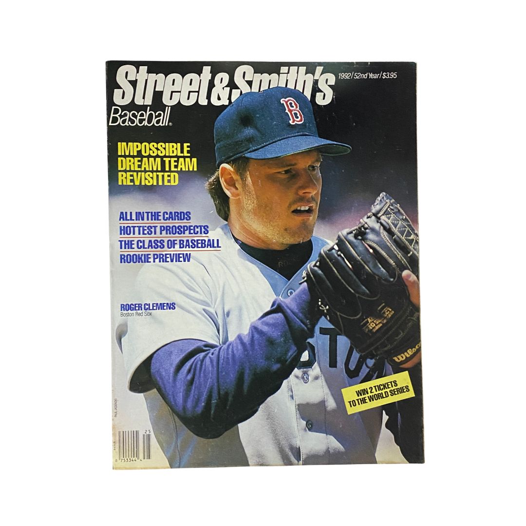Cover of Street & Smith's Baseball Magazine 1992 featuring Roger Clemens of the Boston Red Sox. The cover highlights 'Impossible Dream Team Revisited' and showcases Clemens in a pitching pose.