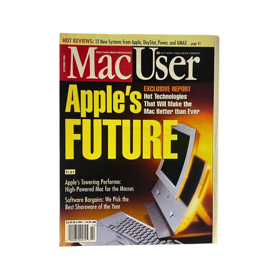 Cover of Mac User Magazine October 1996 featuring the title 'Apple's Future' and an article on Apple's Towering Performa, offering insights on technology advancements.