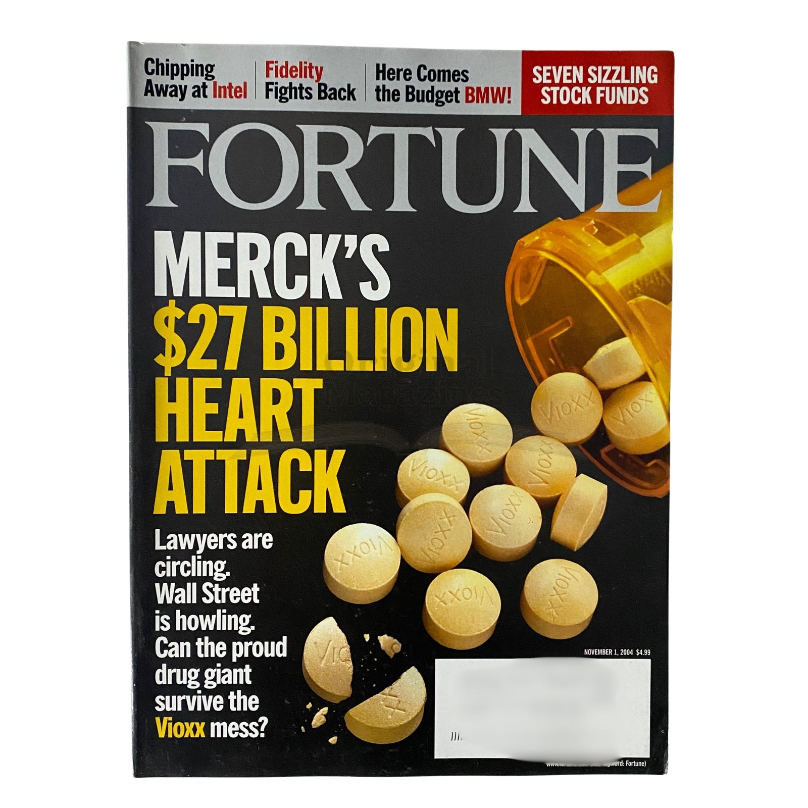 Fortune Magazine cover dated November 1, 2004, featuring the title 'Merck's $27 Billion Heart Attack'. The cover highlights the Vioxx drug scandal with visual elements representing the legal and financial issues faced by Merck.
