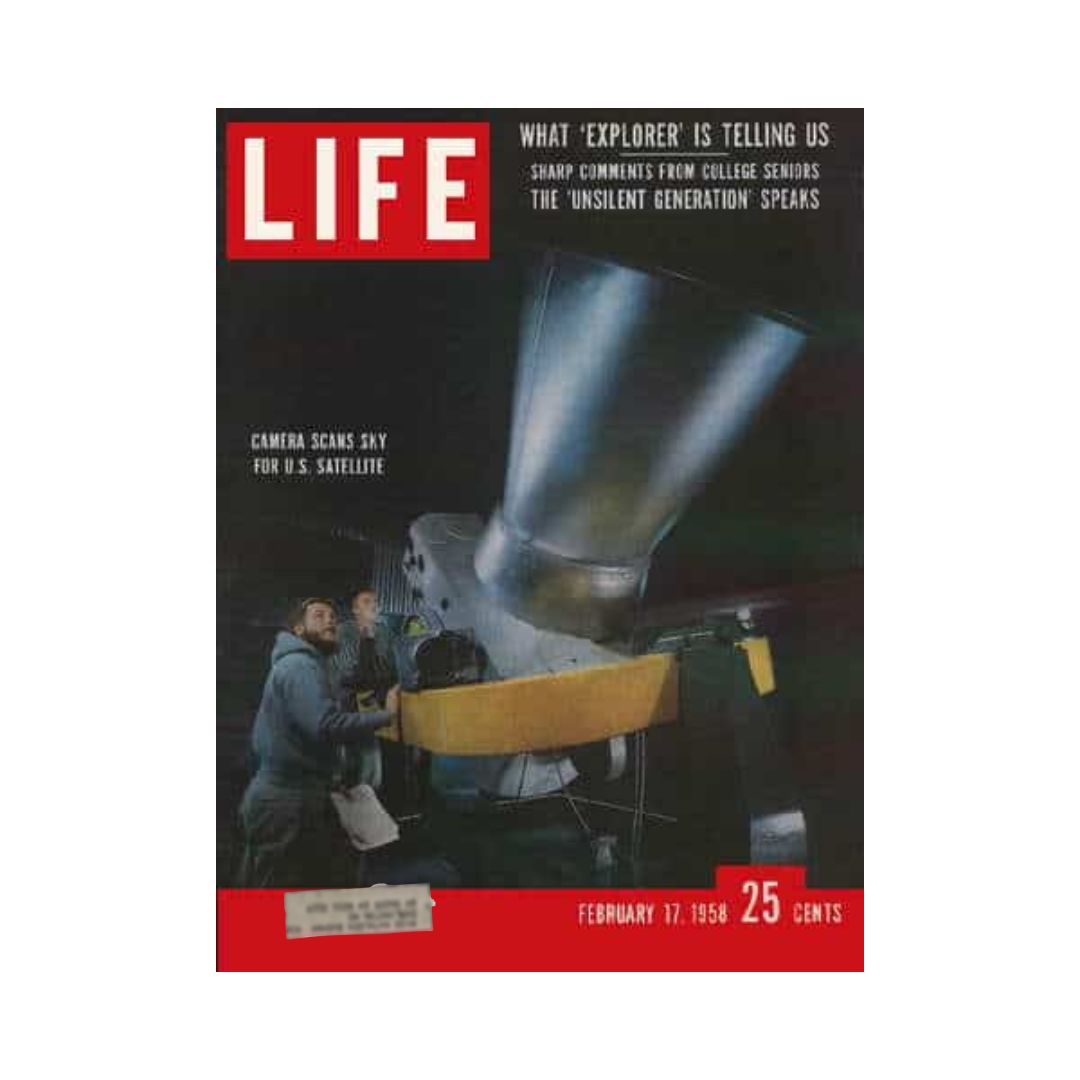 Cover of Life Magazine dated February 17, 1958, featuring the title 'Camera Scans Sky for U.S. Space Satellite'. The cover highlights advancements in space exploration, depicting a scene related to satellite technology.
